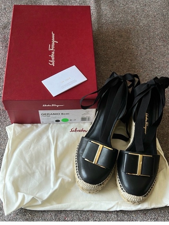 Salvatore Ferragamo Shoes - Salvatore Ferragamo Black Leather Geranio Espadrille Wedges with Ribbon Tie